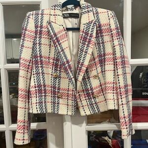 Zara Women's Cream and Red Checkered Blazer